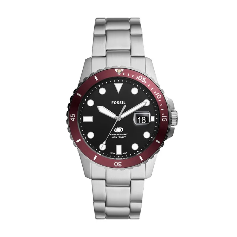 Reloj Fossil analogo, para Hombre, tablero redondo color negro, estilo index + puntos, pulso acero color plateado