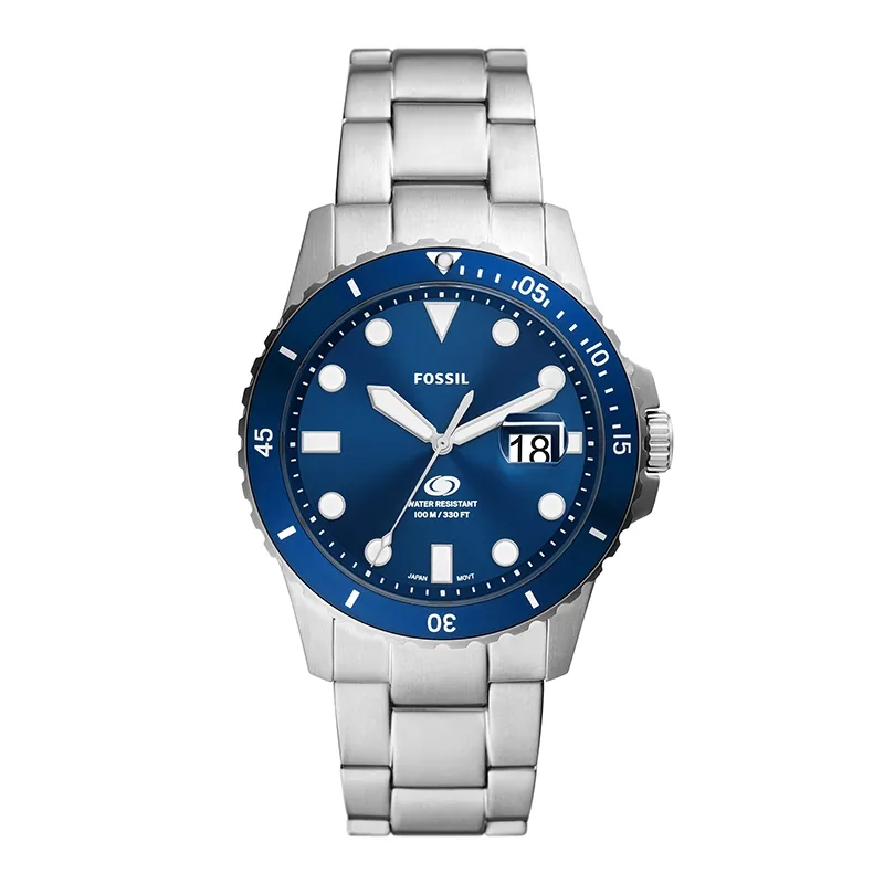 Reloj Fossil analogo, para Hombre, tablero redondo color azul, estilo index + puntos, pulso acero color plateado, calendario