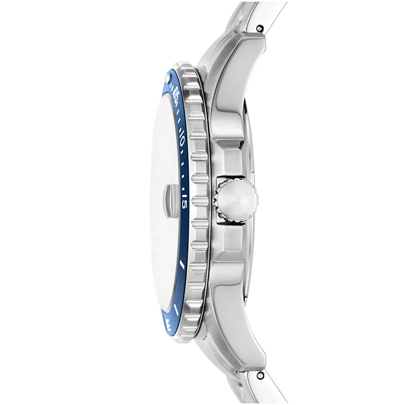Reloj Fossil analogo, para Hombre, tablero redondo color azul, estilo index + puntos, pulso acero color plateado, calendario