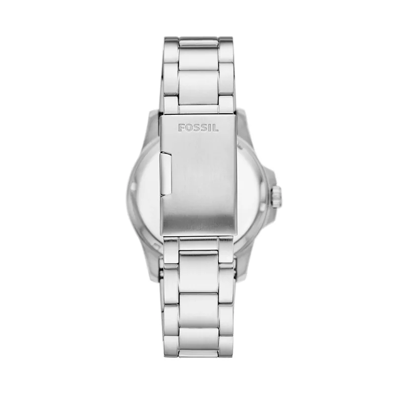 Reloj Fossil analogo, para Hombre, tablero redondo color azul, estilo index + puntos, pulso acero color plateado, calendario