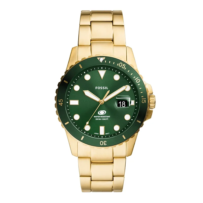 Reloj Fossil analogo, para Hombre, tablero redondo color verde, estilo index + puntos, pulso acero color dorado, calendario