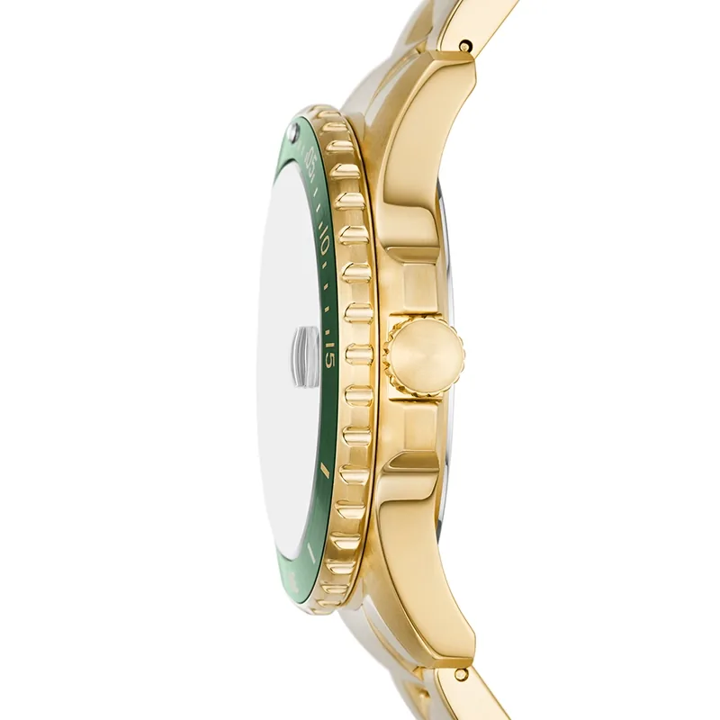Reloj Fossil analogo, para Hombre, tablero redondo color verde, estilo index + puntos, pulso acero color dorado, calendario