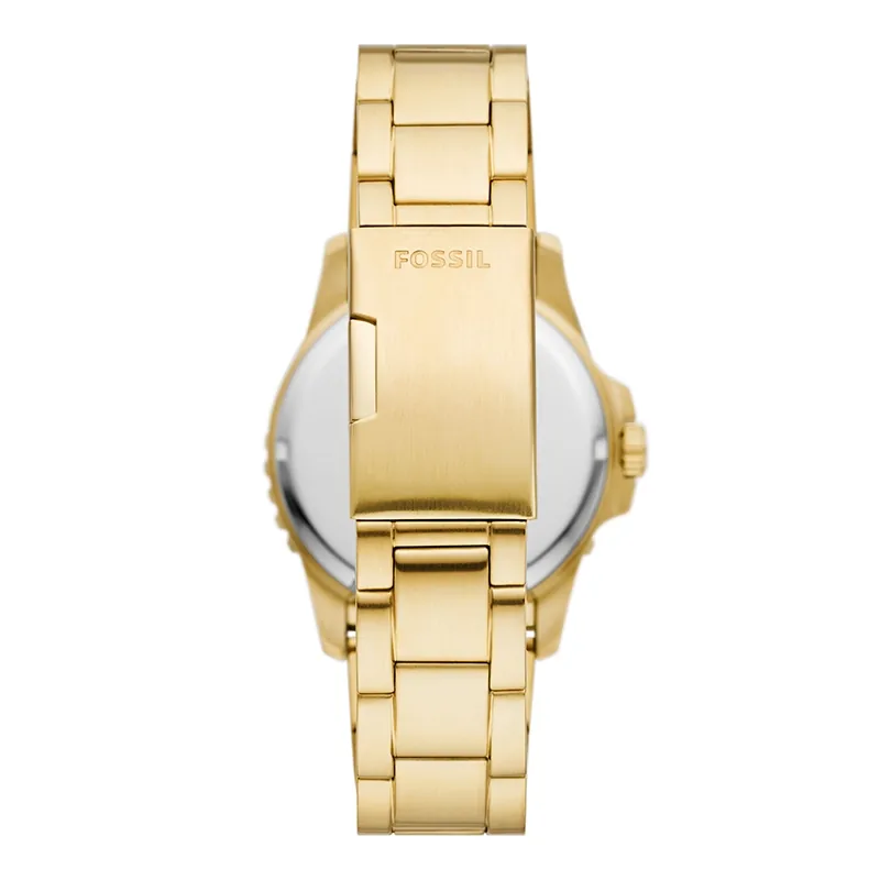 Reloj Fossil analogo, para Hombre, tablero redondo color verde, estilo index + puntos, pulso acero color dorado, calendario
