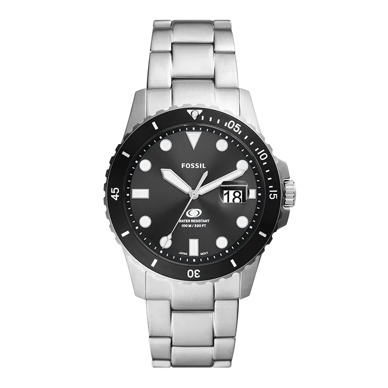 Reloj Fossil analogo, para Hombre, tablero redondo color negro, estilo index + puntos, pulso acero color plateado, calendario