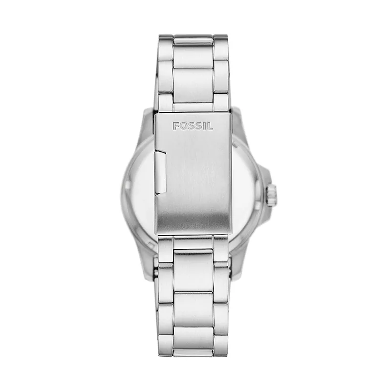 Reloj Fossil analogo, para Hombre, tablero redondo color negro, estilo index + puntos, pulso acero color plateado, calendario