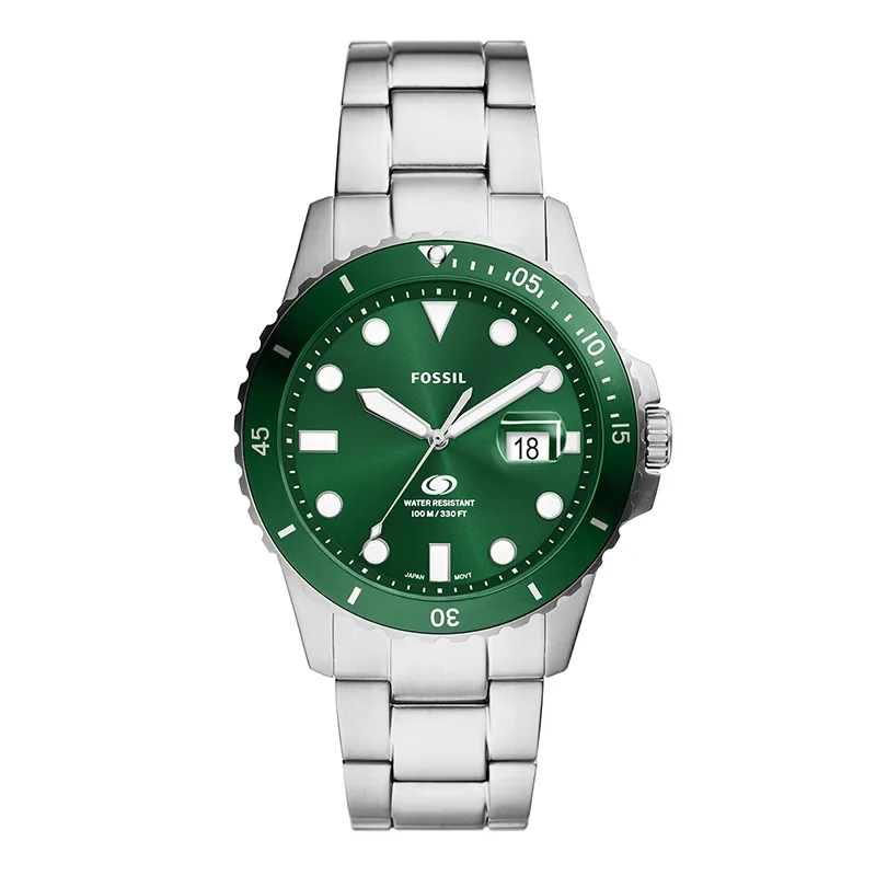 Reloj Fossil analogo, para Hombre, tablero redondo color verde, estilo index + puntos, pulso acero color plateado, calendario