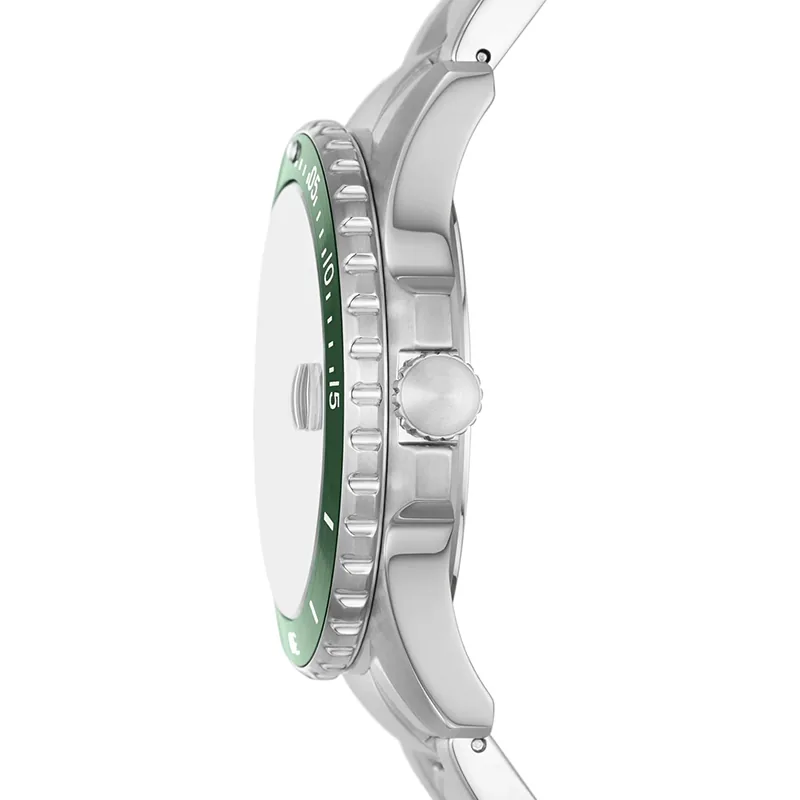 Reloj Fossil analogo, para Hombre, tablero redondo color verde, estilo index + puntos, pulso acero color plateado, calendario