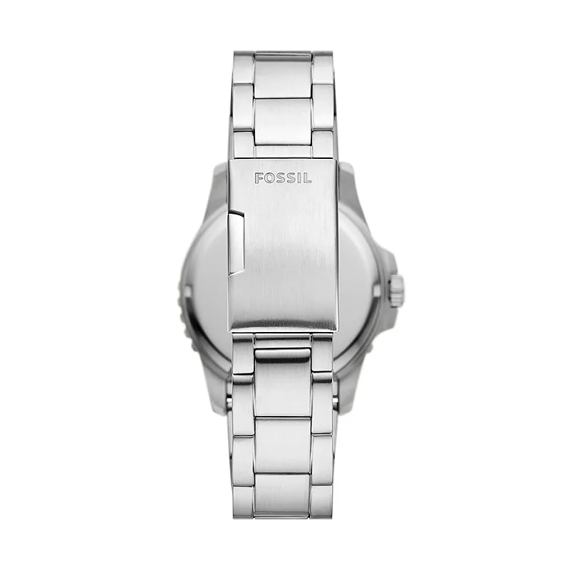 Reloj Fossil analogo, para Hombre, tablero redondo color verde, estilo index + puntos, pulso acero color plateado, calendario