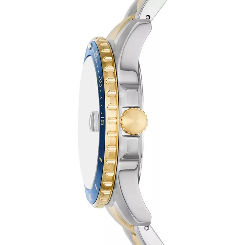 Reloj Fossil analogo, para Hombre, tablero redondo color azul, estilo index + puntos, pulso acero colores plateado y dorado, calendario