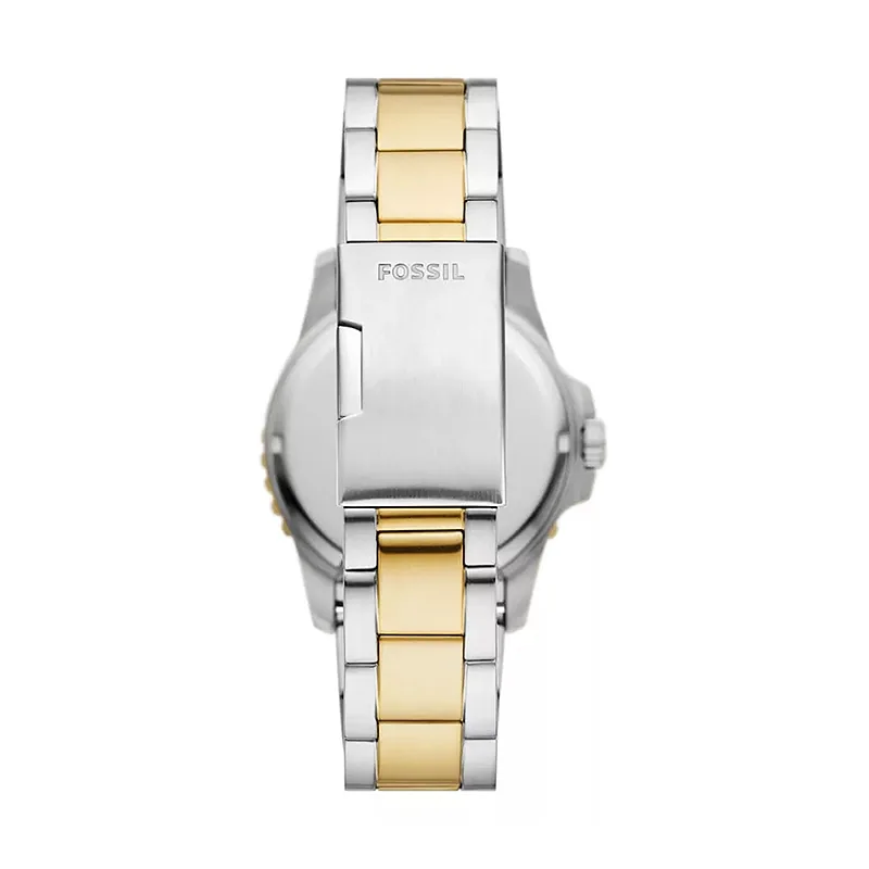 Reloj Fossil analogo, para Hombre, tablero redondo color azul, estilo index + puntos, pulso acero colores plateado y dorado, calendario