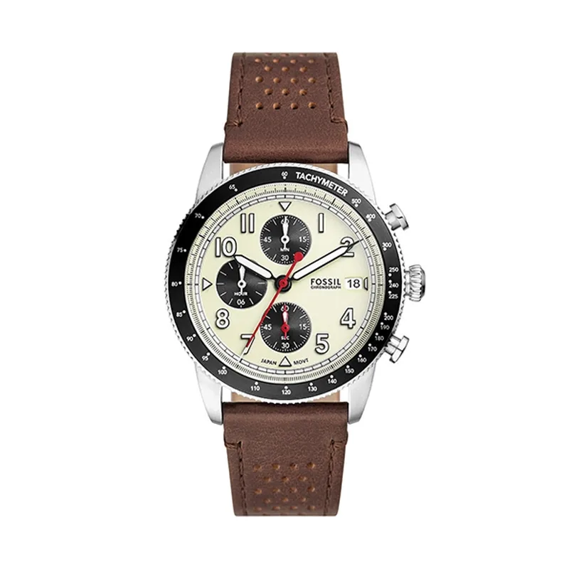 Reloj Fossil analogo, para Hombre, tablero redondo colores beige y negro, estilo arabigos, pulso cuero color café, calendario, cronografo