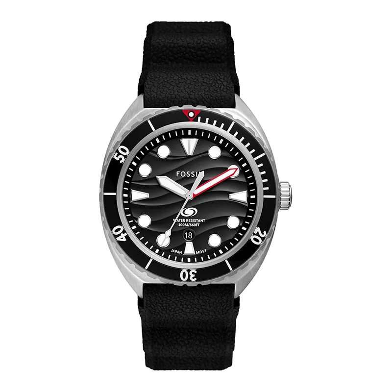 Reloj Fossil analogo, para Hombre, tablero redondo colores negro y rojo, estilo index + puntos, pulso silicona color negro, calendario