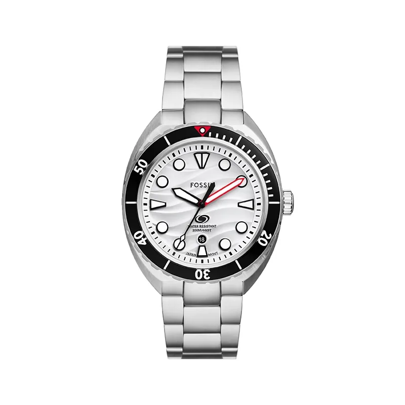 Reloj Fossil analogo, para Hombre, tablero redondo color blanco, estilo index + puntos, pulso acero color plateado, calendario
