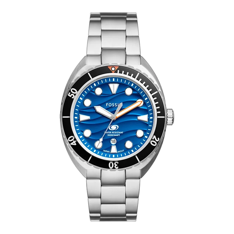 Reloj Fossil analogo, para Hombre, tablero redondo colores azul y rojo, estilo index + puntos, pulso acero color plateado, calendario
