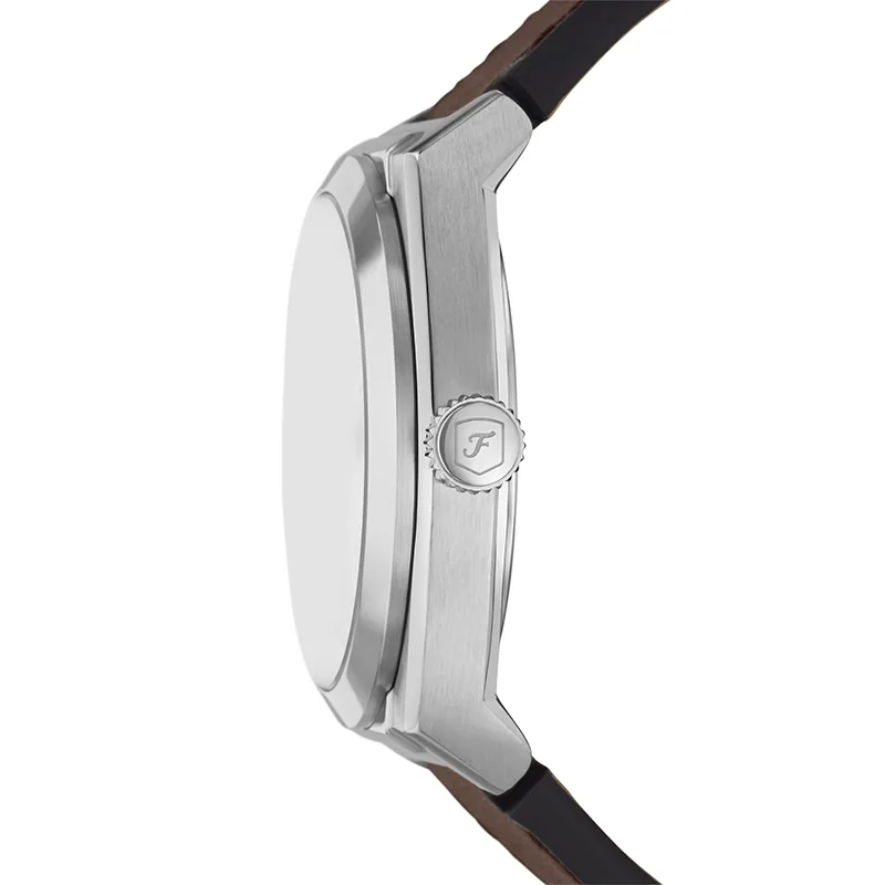 Reloj Fossil análogo, para Hombre, tablero redondo color beige, estilo romanos, pulso cuero color café, calendario
