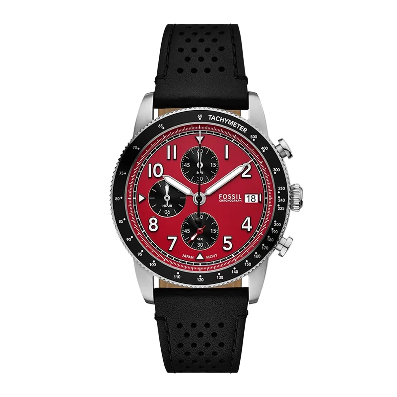 Reloj Fossil analogo, para Hombre, tablero redondo colores rojo y negro, estilo arabigos, pulso cuero color negro, calendario, cronografo