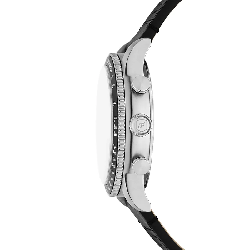 Reloj Fossil analogo, para Hombre, tablero redondo colores rojo y negro, estilo arabigos, pulso cuero color negro, calendario, cronografo