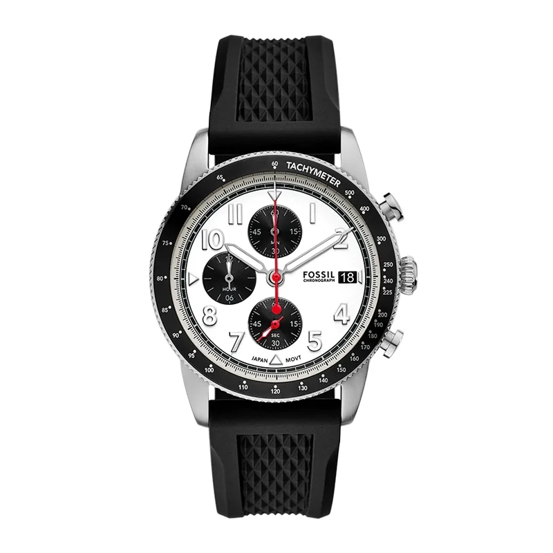 Reloj Fossil analogo, para Hombre, tablero redondo colores blanco y negro, estilo arabigos, pulso silicona color negro, calendario, cronografo