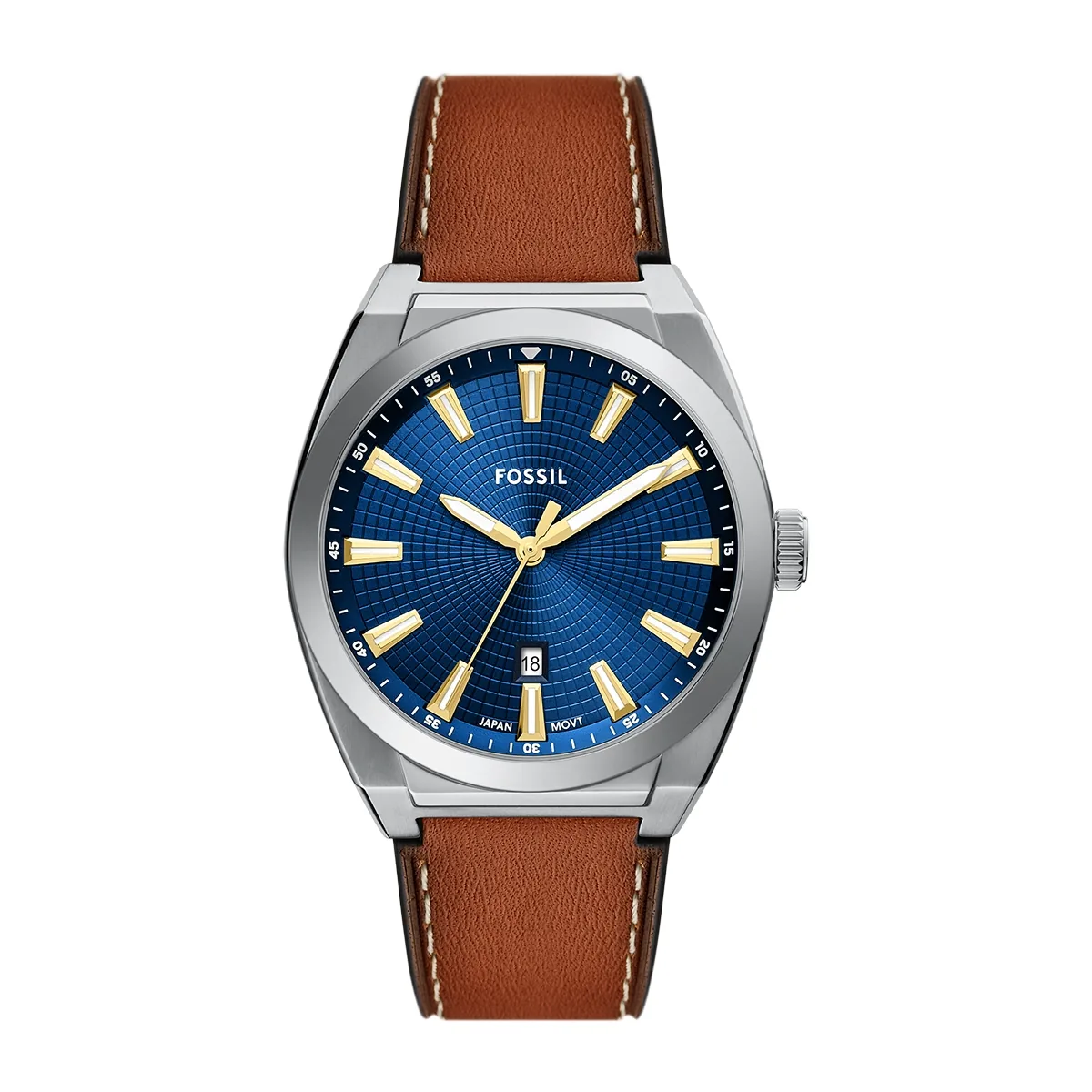 Reloj Fossil análogo, para Hombre, tablero redondo color azul, estilo index, pulso cuero color café, calendario
