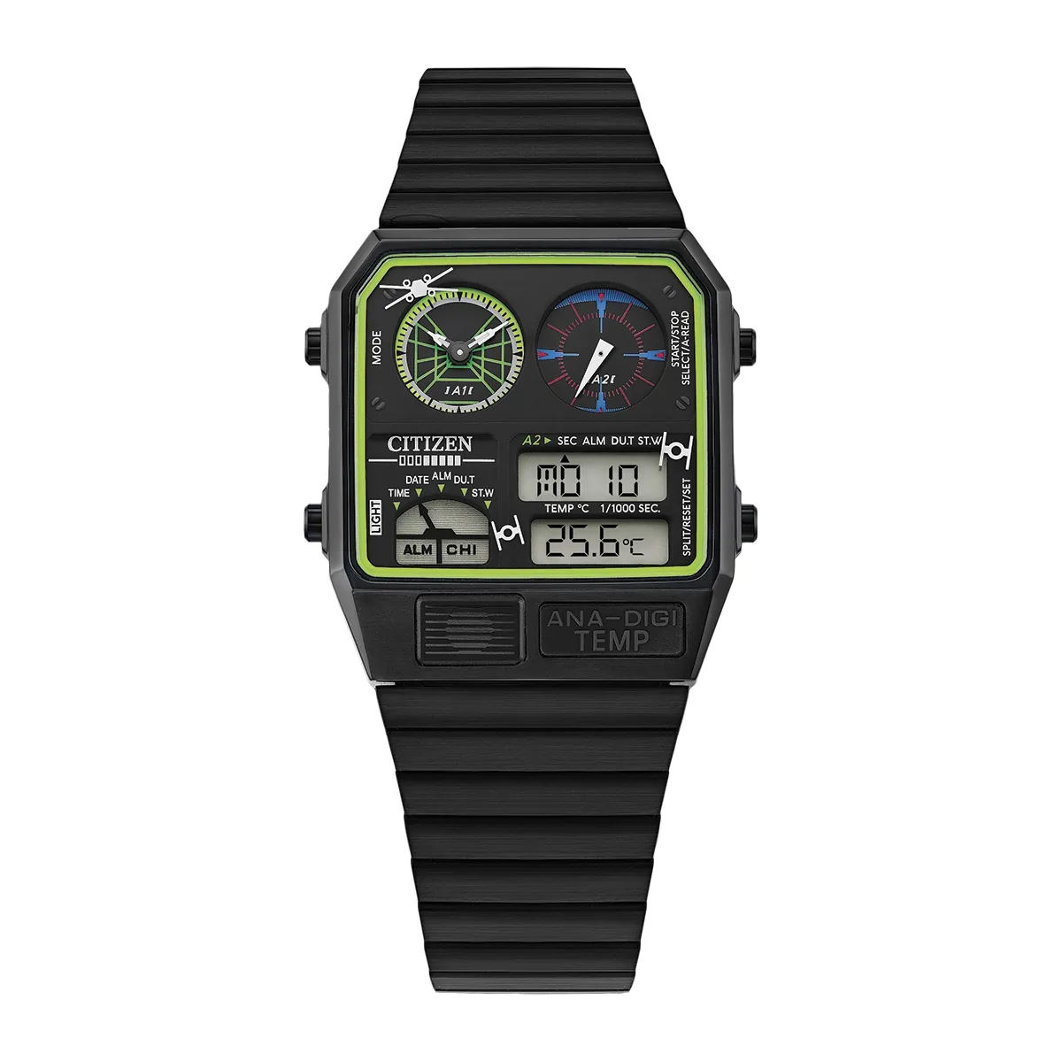 Reloj Citizen análogo y digital, Unisex, tablero cuadrado colores negro y verde, estilo index, pulso acero color negro, calendario