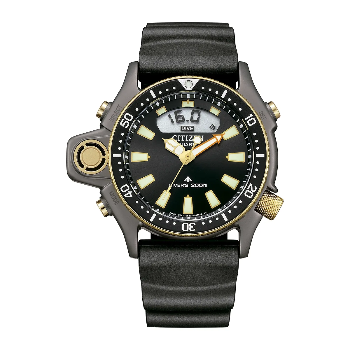 Reloj Citizen análogo y digital, para Hombre, tablero redondo color negro, estilo index + arábigo, pulso silicona color negro, cronografo
