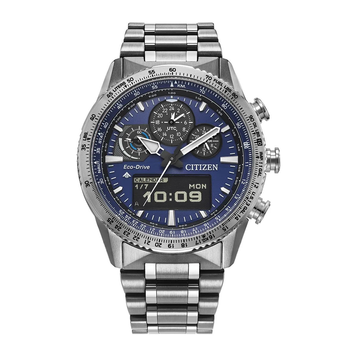 Reloj Citizen análogo y digital, para Hombre, tablero redondo color azul, estilo index, pulso acero color plateado, calendario, cronografo