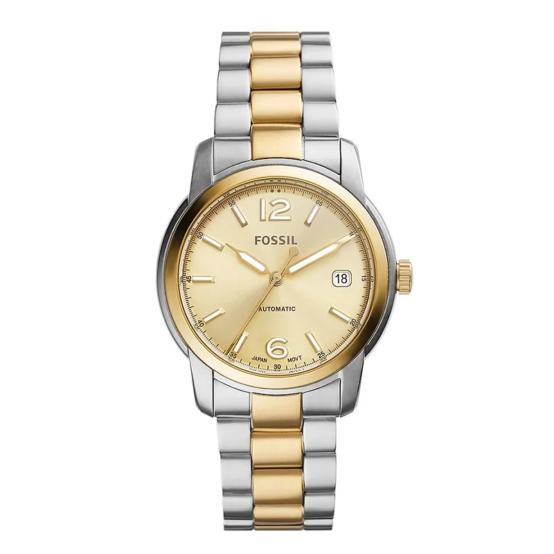 Reloj Fossil analogo, para Dama, tablero redondo color dorado, estilo index + arabigo, pulso acero colores plateado y dorado, calendario