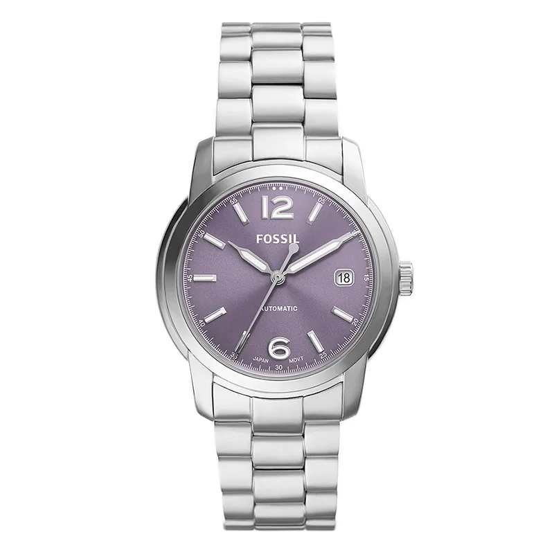 Reloj Fossil analogo, para Dama, tablero redondo color morado, estilo index + arabigo, pulso acero color plateado, calendario