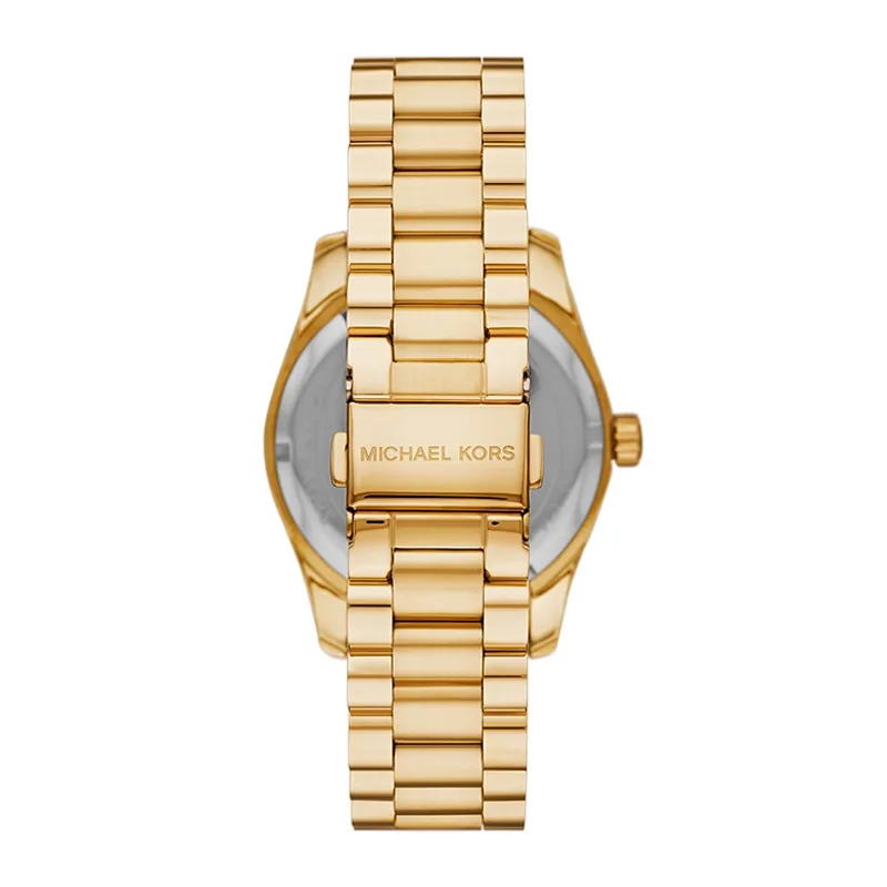 Reloj Mkors analogo, para Dama, tablero redondo color blanco, estilo index + romano, pulso acero color dorado