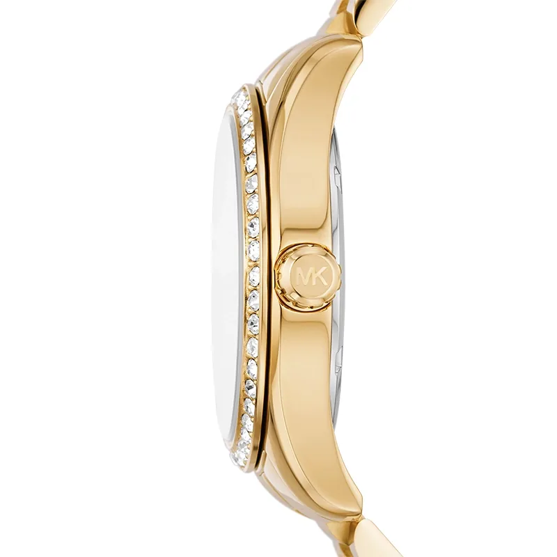 Reloj Mkors analogo, para Dama, tablero redondo color blanco, estilo index + romano, pulso acero color dorado