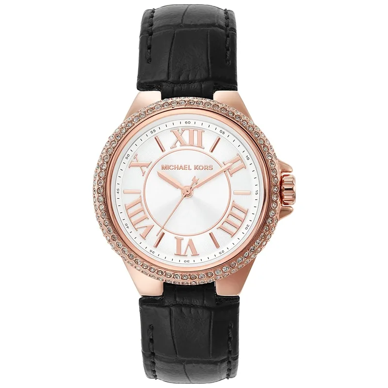 Reloj Mkors analogo, para Dama, tablero redondo color blanco, estilo index + romano, pulso cuero color negro