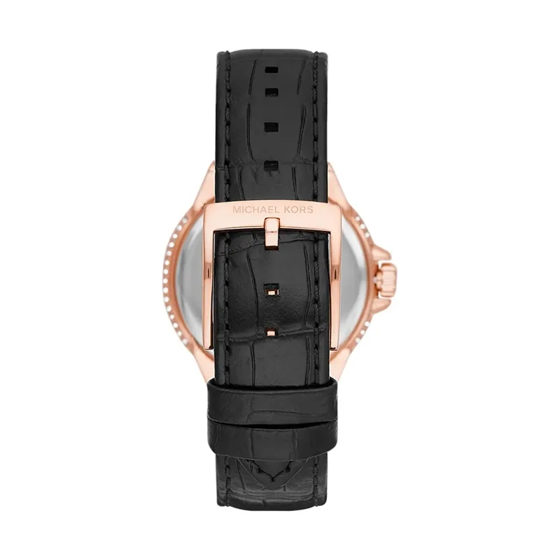 Reloj Mkors analogo, para Dama, tablero redondo color blanco, estilo index + romano, pulso cuero color negro