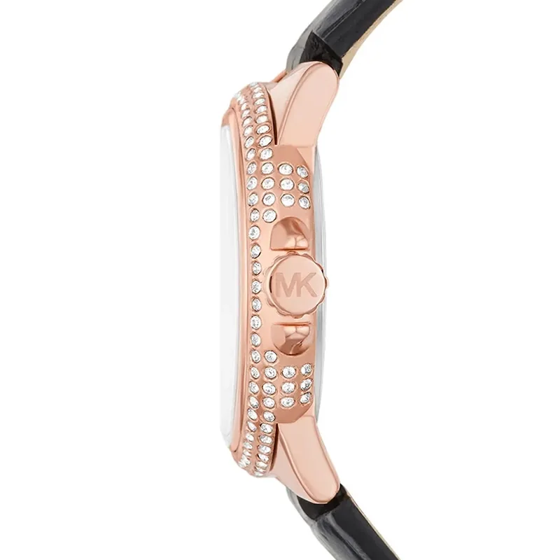 Reloj Mkors analogo, para Dama, tablero redondo color blanco, estilo index + romano, pulso cuero color negro