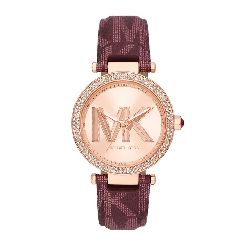 Reloj Mkors analogo, para Dama, tablero redondo color rosa, estilo sin numeros, pulso cuero color morado