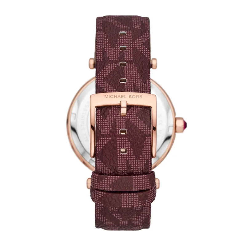 Reloj Mkors analogo, para Dama, tablero redondo color rosa, estilo sin numeros, pulso cuero color morado