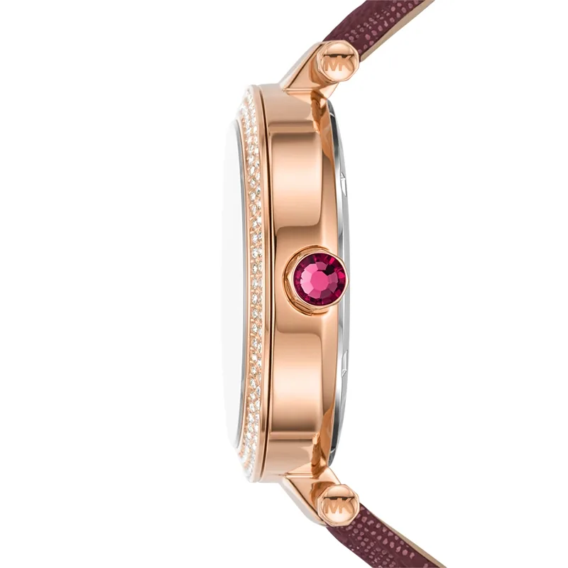 Reloj Mkors analogo, para Dama, tablero redondo color rosa, estilo sin numeros, pulso cuero color morado