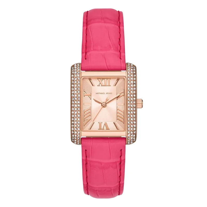 Reloj Mkors analogo, para Dama, tablero rectangular color rosa, estilo index + romano, pulso cuero color rosado