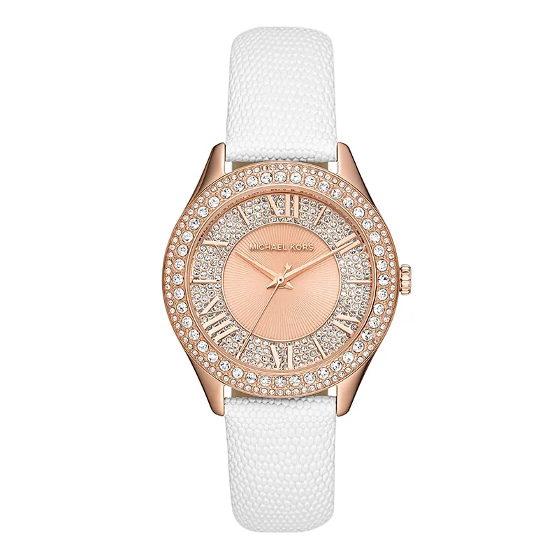Reloj Mkors analogo, para Dama, tablero redondo color rosa, estilo index + romano, pulso cuero color blanco