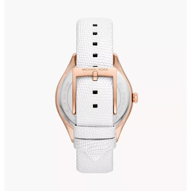Reloj Mkors analogo, para Dama, tablero redondo color rosa, estilo index + romano, pulso cuero color blanco