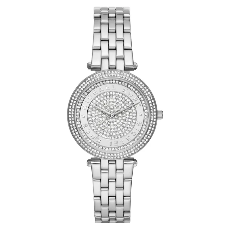 Reloj Mkors analogo, para Dama, tablero redondo color plateado, estilo sin numeros, pulso acero color plateado
