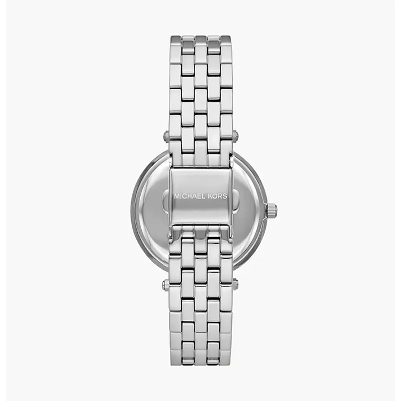 Reloj Mkors analogo, para Dama, tablero redondo color plateado, estilo sin numeros, pulso acero color plateado