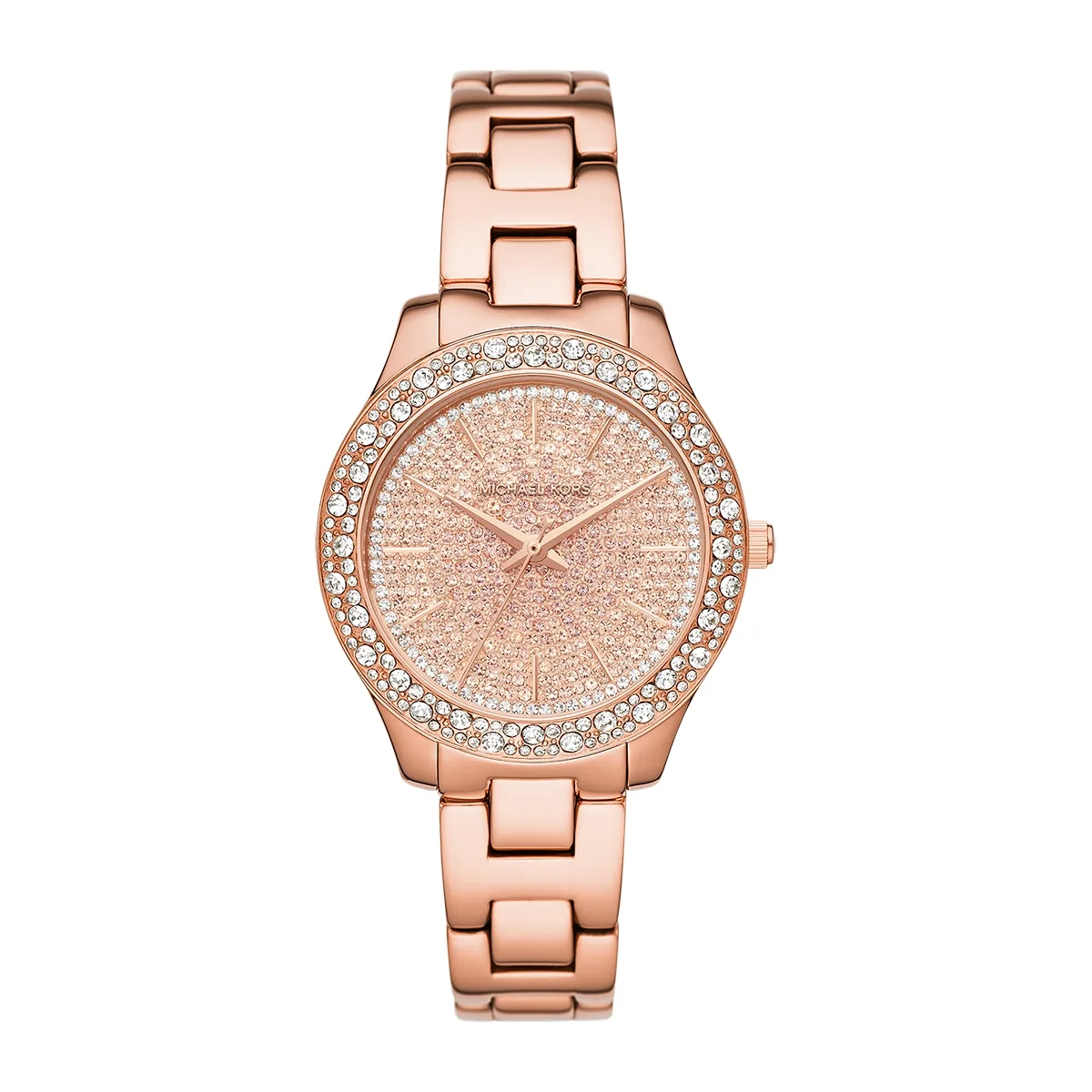 Reloj Mkors analogo, para Dama, tablero redondo color rosa, estilo index, pulso acero color rosa