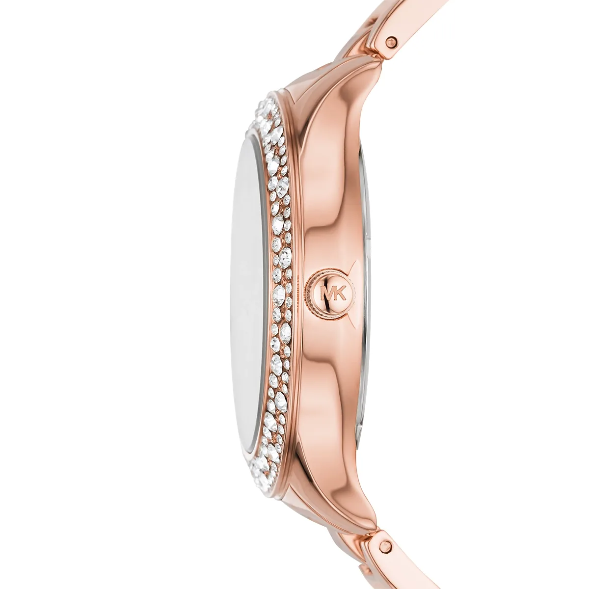 Reloj Mkors analogo, para Dama, tablero redondo color rosa, estilo index, pulso acero color rosa