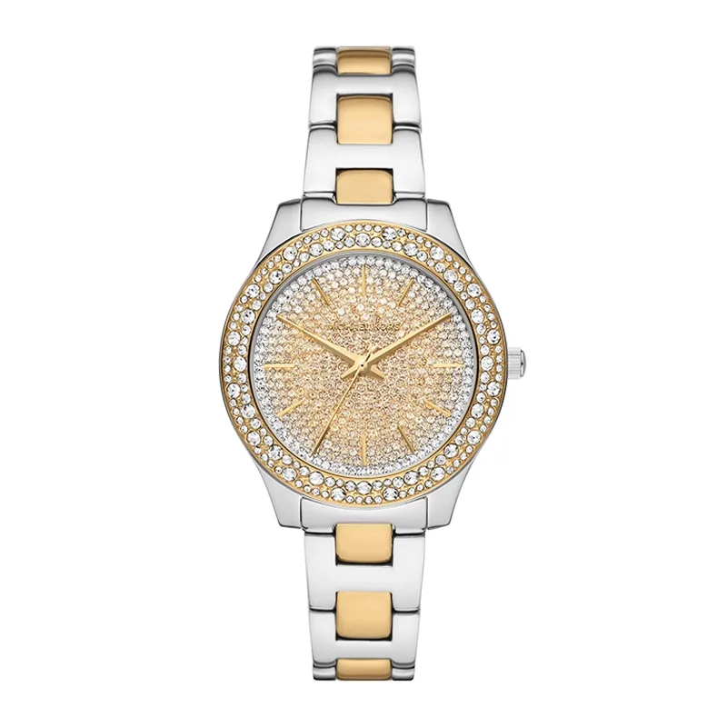 Reloj Mkors analogo, para Dama, tablero redondo color dorado, estilo index, pulso acero colores plateado y dorado