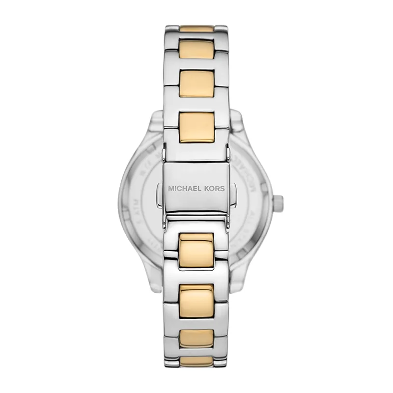 Reloj Mkors analogo, para Dama, tablero redondo color dorado, estilo index, pulso acero colores plateado y dorado