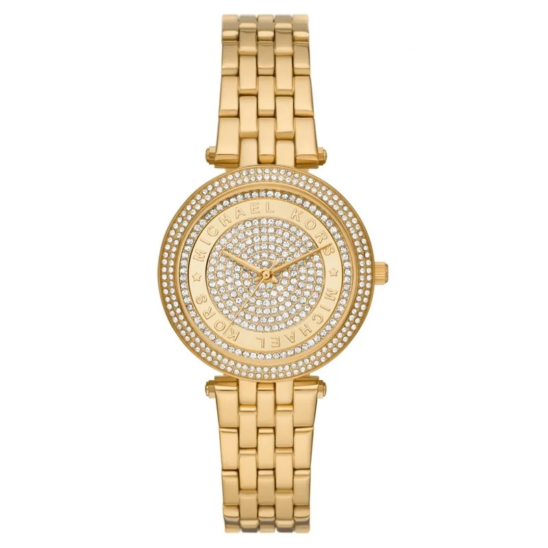 Reloj Mkors analogo, para Dama, tablero redondo color dorado, estilo sin numeros, pulso acero color dorado
