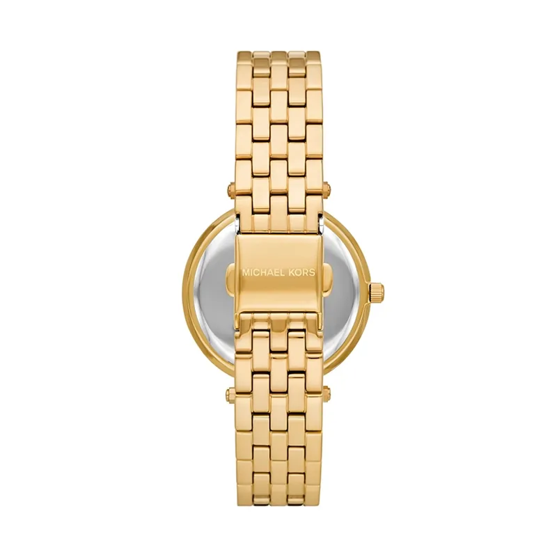 Reloj Mkors analogo, para Dama, tablero redondo color dorado, estilo sin numeros, pulso acero color dorado