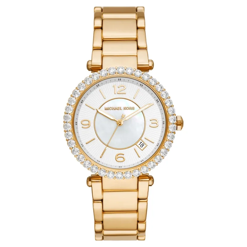 Reloj Mkors analogo, para Dama, tablero redondo color blanco, estilo index + arabigo, pulso acero color dorado, calendario