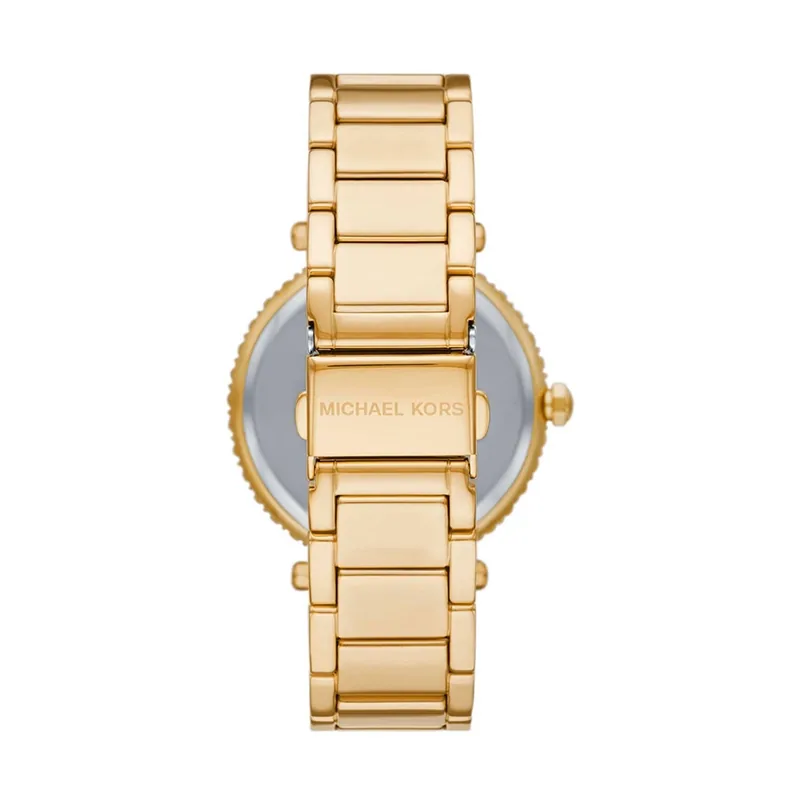 Reloj Mkors analogo, para Dama, tablero redondo color blanco, estilo index + arabigo, pulso acero color dorado, calendario
