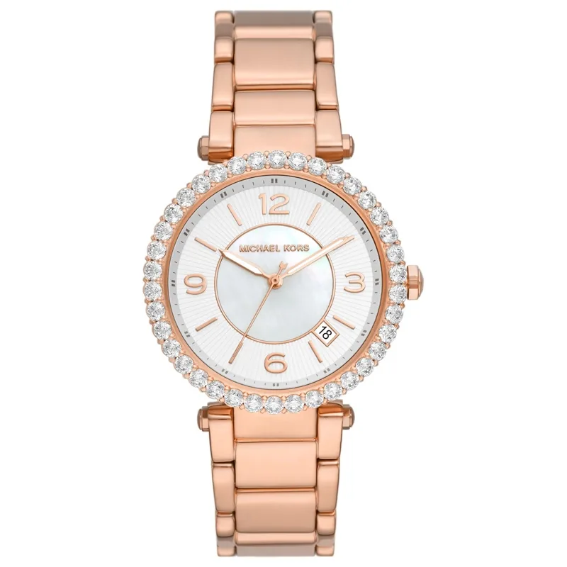 Reloj Mkors analogo, para Dama, tablero redondo color blanco, estilo index + arabigo, pulso acero color rosa, calendario